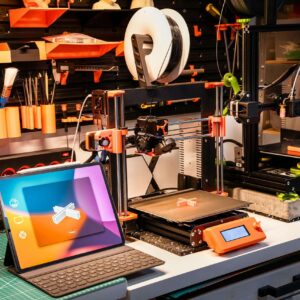 A high-tech workshop featuring 3D printers and a tablet on a desk, showcasing modern innovation.